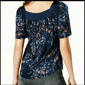 Lucky Brand Square Neck Navy Blue Floral Top